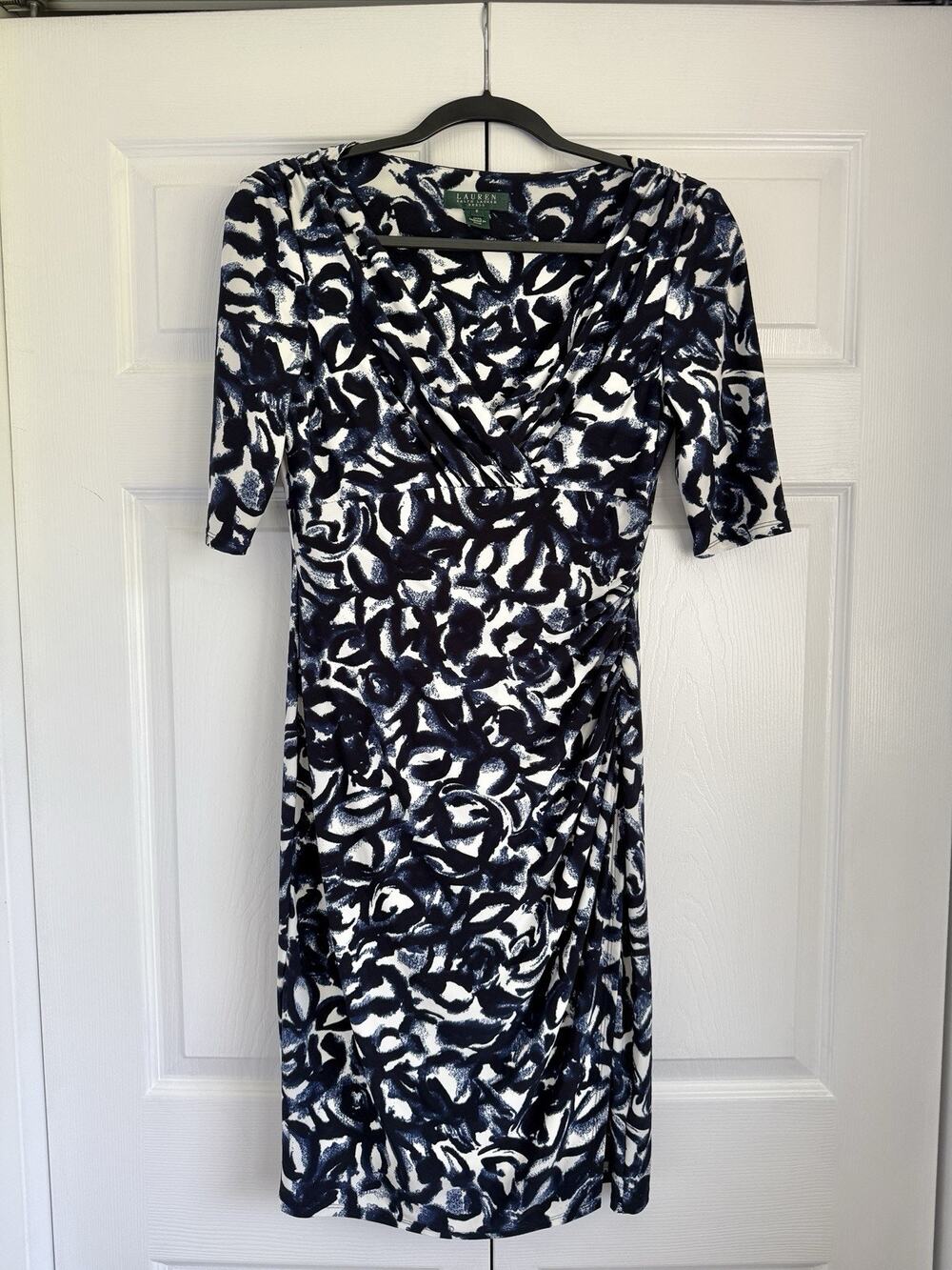 Ralph Lauren Women's Dress Size 6 Abstract Print Blue Jersey Stretch Sheath